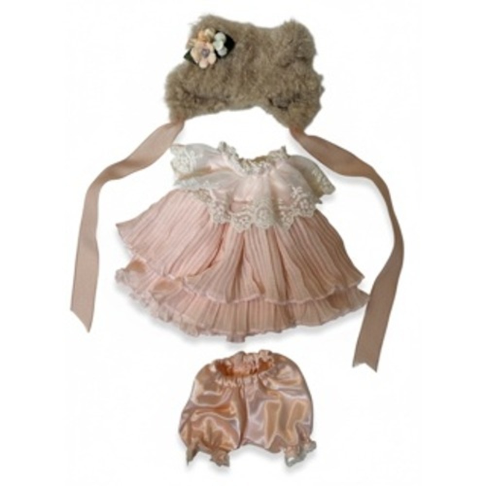 Vintage Style Pink Pleated Doll Dress Set with Satin Bloomers and Fur Bonnet